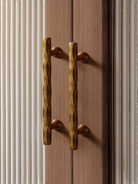 Hammered Antique Brass Cabinet Pulls 5 Inch Center Hole 10 Pack Vintage Vibe Handles Installed on Cabinet
