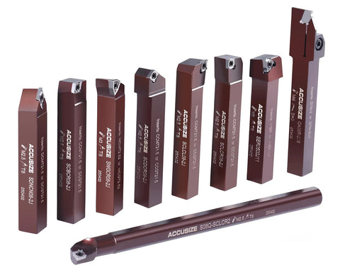 Front view of Accusize 9‑pc 1/2 in shank indexable carbide turning tools and boring bar set for aluminum