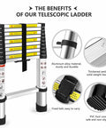 14.5 Ft Telescoping Aluminum Ladder With One Button Retractable Lock features material details and benefits.