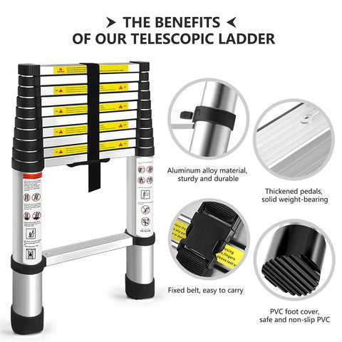 14.5 Ft Telescoping Aluminum Ladder With One Button Retractable Lock features material details and benefits.