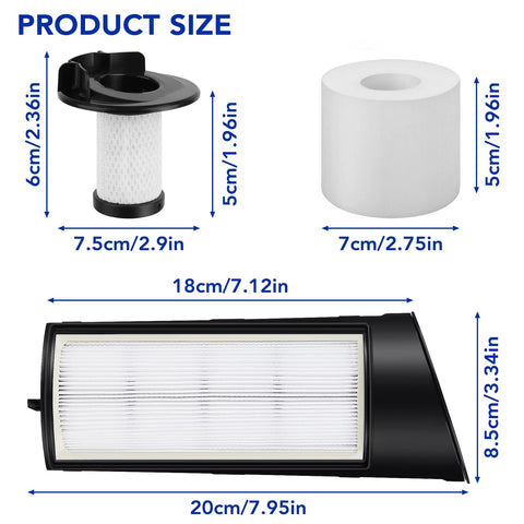 Vertex Pro Powered Lift Away Cordless Vacuum Replacement Filter Kit With 2 Foam Filters 2 Pre Motor Filters 1 HEPA Filter And 1 Cleaning Brush For IC160 IC162 ICZ362H Models product size chart showing dimensions