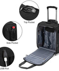 Underseat Rolling Duffle Bag 18x14x8 Inches Personal Item with open compartments and USB port, Black Durable Build