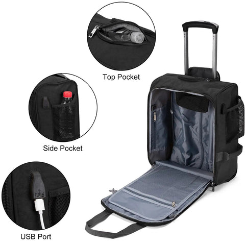 Underseat Rolling Duffle Bag 18x14x8 Inches Personal Item with open compartments and USB port, Black Durable Build