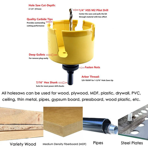 8-1/16-Inch Carbide Tipped Hole Saw Kit With 205mm Tungsten Teeth, 2.25-Inch Cutting Depth, 5/8-18 Arbor, And Pilot Drill with wood, MDF, pipes, and steel plate examples