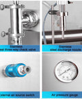 Slick Stainless Steel Pneumatic Piston Bottle Filler Machine Dual Head Automatic Manual Mode Liquid Dispenser For Food Beverage Cosmetic And Pharma Bottling featuring stainless steel check valve, discharge nozzle, air source switch, and pressure gauge.