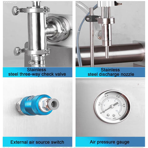 Slick Stainless Steel Pneumatic Piston Bottle Filler Machine Dual Head Automatic Manual Mode Liquid Dispenser For Food Beverage Cosmetic And Pharma Bottling featuring stainless steel check valve, discharge nozzle, air source switch, and pressure gauge.