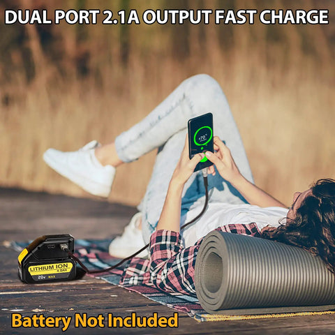 Person using All In One 20V Battery Adapter With USB Phone Charger And LED Work Light outdoors with phone and yoga mat