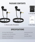Package contents of Two Pack Mini Lavalier Clip On Microphones, Wired Condenser Lapel Mics with 6.6ft Cable, 3.5mm TRS Plug
