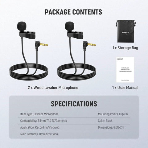 Package contents of Two Pack Mini Lavalier Clip On Microphones, Wired Condenser Lapel Mics with 6.6ft Cable, 3.5mm TRS Plug