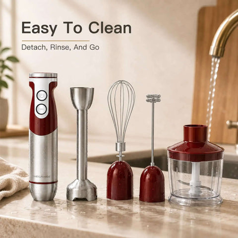 Kickass Immersion Hand Blender With Five Multifunction Attachments And Twelve Variable Speed Settings Whips Up Soups Purees And Smoothies Effortlessly A Real Game Changer For Your Countertop features detachable attachments on a countertop.