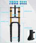 Beefed Up 26 Inch Fat Tire Electric Bike Front Fork With Air Suspension, 180mm Travel, 135mm Hub, size measurements shown
