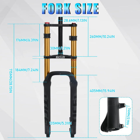 Beefed Up 26 Inch Fat Tire Electric Bike Front Fork With Air Suspension, 180mm Travel, 135mm Hub, size measurements shown