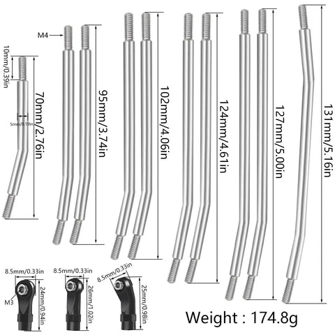 313mm And 324mm Metal Link Set Steering Rod Kit with size details and nylon end caps for 1x10 RC Crawler Upgrade