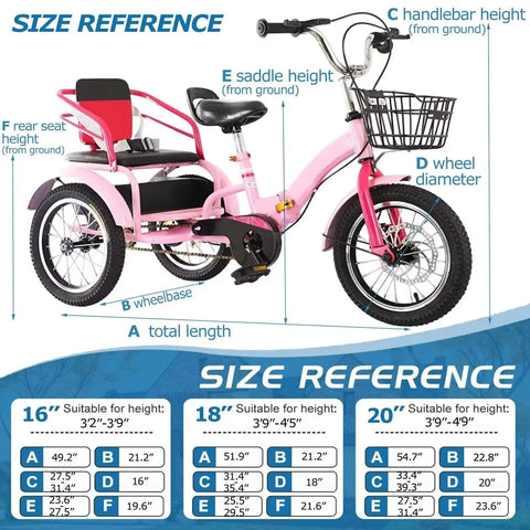 Size reference of Folding Cruiser Trike For Kids Aged 2 To 10 With Dual Brakes, spoke wheels, adjustable handlebars, pink color
