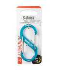 Size 3 S Biner Dual Carabiner Aluminum with dual gates and two clip points with blue finish on retail packaging, front view