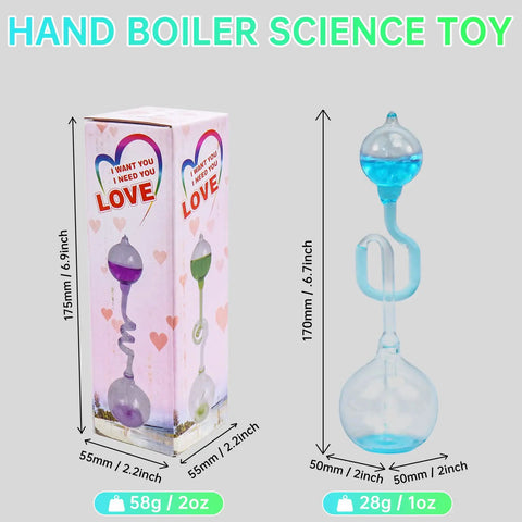 Glass Hand Boiler Science Toy Set 4 Pack For Kids, Hands On Heat Transfer Demonstration shown with dimensions