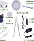 Linkable Under Cabinet LED Lights 12V Slim Aluminum Puck Lamps Dimmable With RF Remote And UL Listed Plug, full kit components