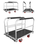 Heavy Duty Two In One Flatbed Panel Cart 36 by 24 inches with rubber mat and three handrails, shown from different angles