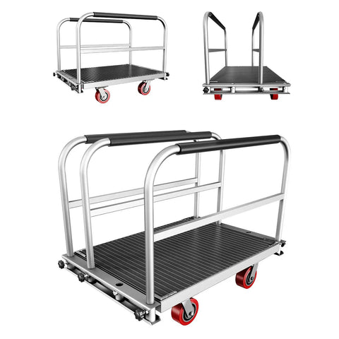 Heavy Duty Two In One Flatbed Panel Cart 36 by 24 inches with rubber mat and three handrails, shown from different angles