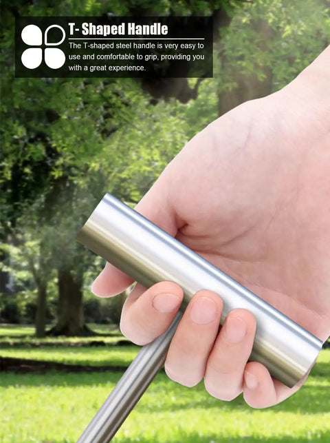 No Sweat Stainless Steel Manhole Hook Tool For Storm Drain Covers And Septic Tank Opener With Ergonomic T Handle in hand
