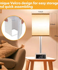 All In One Bedside Lamp With 4 USB Ports And AC Outlets, Alarm Clock Base, Square Oatmeal Fabric Lampshade, in a bedroom