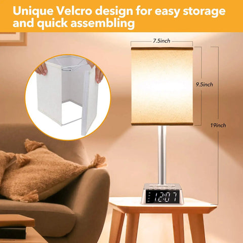 All In One Bedside Lamp With 4 USB Ports And AC Outlets, Alarm Clock Base, Square Oatmeal Fabric Lampshade, in a bedroom