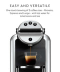 Front view of Zenius Professional Coffee Machine brewing espresso, featuring three cup size buttons on the top.