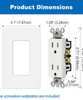 Product dimensions of Decorator Receptacle Outlet With Mid-Size Screwless Wall Plate, 15 Amp 125V Standard Outlet, Tamper Resistant, UL Listed