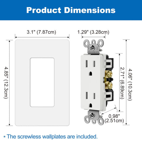 Product dimensions of Decorator Receptacle Outlet With Mid-Size Screwless Wall Plate, 15 Amp 125V Standard Outlet, Tamper Resistant, UL Listed
