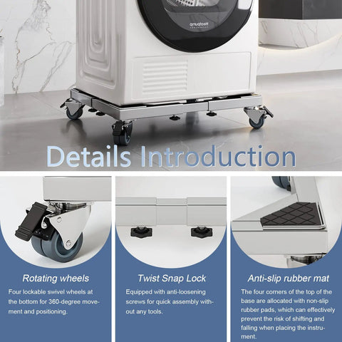 Heavy Duty All Stainless Steel Mobile Fridge Stand Base With Wheels For Washer Refrigerator And Dryer, shown with details