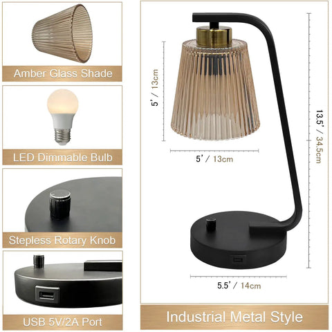 Amber Glass Bedside Lamps Set of 2 For Bedroom With USB Port, Dimmable Nightstand Lights In Vintage Brown Style, featuring bulb and USB port.