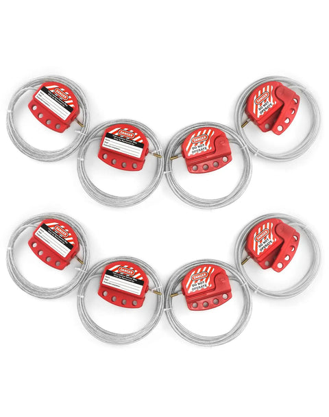 Eight-pack of lockout tagout adjustable steel vinyl coated cable lockout three sixteenth inch diameter five point nine foot red