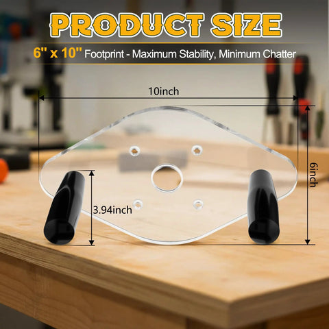 Premium Dual Handle Router Base Plate Compatible With DeWalt DWP611 And DCW600B Compact Routers, 6x10 inch clear acrylic with black handles.