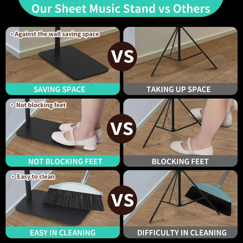 Comparison of Adjustable Metal Music Stand With Phone And Tablet Holder Wall Mount showing space-saving and easy cleaning features