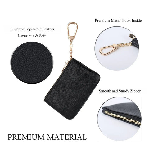 Full Grain Leather Coin Purse And Keychain Wallet With Slick Pull Zipper Closure Handy Card Slots Stylish Matte Black Finish No Fuss Go To Everyday Carry, showing matte black exterior, zipper, and keychain hook.