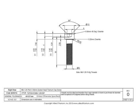 Technical drawing of Pack Of Eight M8 1.25 X 35mm Socket Head Cap Screws Grade Two Polished Titanium Bolts dimensions.