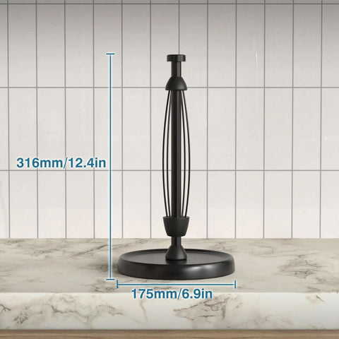One Hand Tear Paper Towel Holder For Countertop Black Stainless Steel With Weighted Base Ratchet Mechanism displayed on marble surface