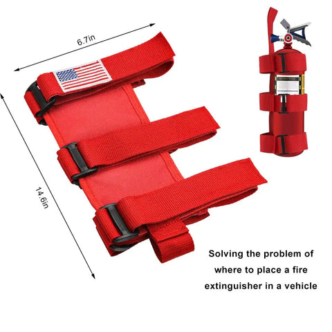 Adjustable Fire Extinguisher Holder Strap With American Flag Pattern For Wrangler JK JKU TJ CJ Gladiator Secure Car Mount Keeps Extinguisher From Rolling Under Seats And Slipping In Your Ride, red strap with flag design, dimensions shown
