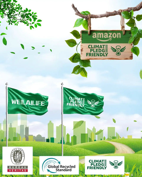 Green flags with 'Climate Pledge Friendly' logo, trees, and skyline background for eco-friendly certification advertisement.
