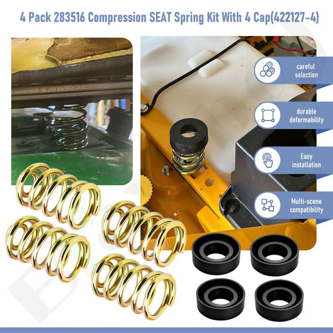 4 Pack Beefed-Up Compression Seat Springs Kit For Grasshopper And John Deere Mowers And Cub Cadet ZT1 Seat Parts 283516 Replacement With 422127-4 Cap Included For Easy Install And Smooth Ride, showing springs and caps