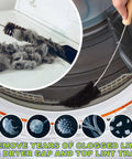 Front view of Sealegend dryer vent cleaning kit with a long flexible cable and black bristle brush cleaning dryer lint.