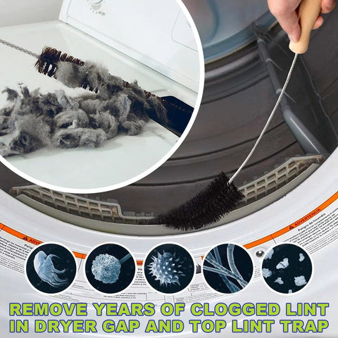 Front view of Sealegend dryer vent cleaning kit with a long flexible cable and black bristle brush cleaning dryer lint.