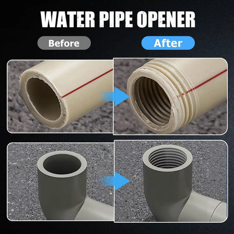 Before and after comparison of water pipe opened with LiebeWH Pipe Threader Set G3/4 for clean threading.