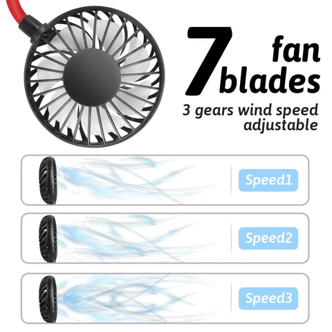 Neck Wearable Portable Fan With 2500mAh Battery USB Rechargeable Hands Free Dual Head Rotatable Mini Face Cooling Personal Fan 3 speed settings diagram