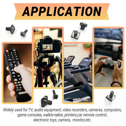 Applications of the 300 Pack Tactile Push Button Switch Assortment Kit, Micro Momentary, for electronics like TV remotes and cameras.