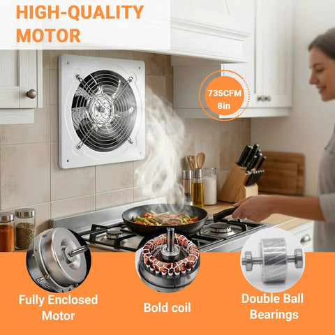 Workhorse 8 Inch Exhaust Fan With 735 CFM Wall Mount Ventilation in kitchen setting with steam demonstration