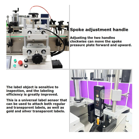Heavy Duty Desktop Bottle Labeling Machine For Round Bottles With Lowkey Touch Screen Setup High Speed Sticker Wrapper showing spoke adjustment handle.