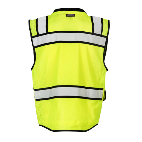 Rock Solid Hi Vis Surveyor Vest With Zipper Front Closure Ansi Class Two Type R Certified Lime Polyester Reflective Safety Vest back view.