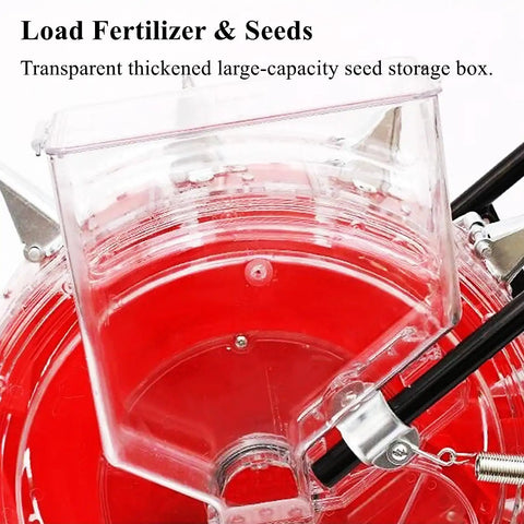 Garden Push Seeder With 12 Nozzles Easy To Push Precision Walk Behind Row Crop Planter showing transparent seed storage box