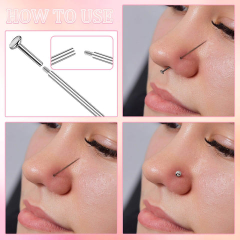 Piercing Taper Grabber Tool For No Fuss Easy Jewelry Changes And Flat Back Earrings Insertion 20G Stainless Steel Threadless Insertion Pin demonstration on nose piercing.